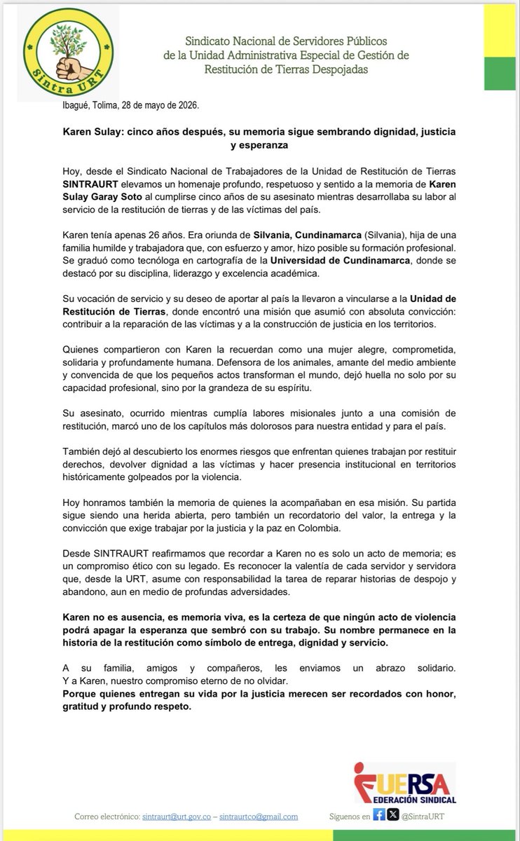 SintraURT's tweet photo. Hace 5 años, la violencia apagó la vida de Karen Sulay Garay Soto mientras cumplía su misión de reparar derechos y devolver esperanza a las víctimas. Hoy su memoria sigue viva como símbolo de dignidad, valentía y servicio.

Desde SINTRAURT honramos su legado
#restituciondetierras https://t.co/Ky35Xnq0hg