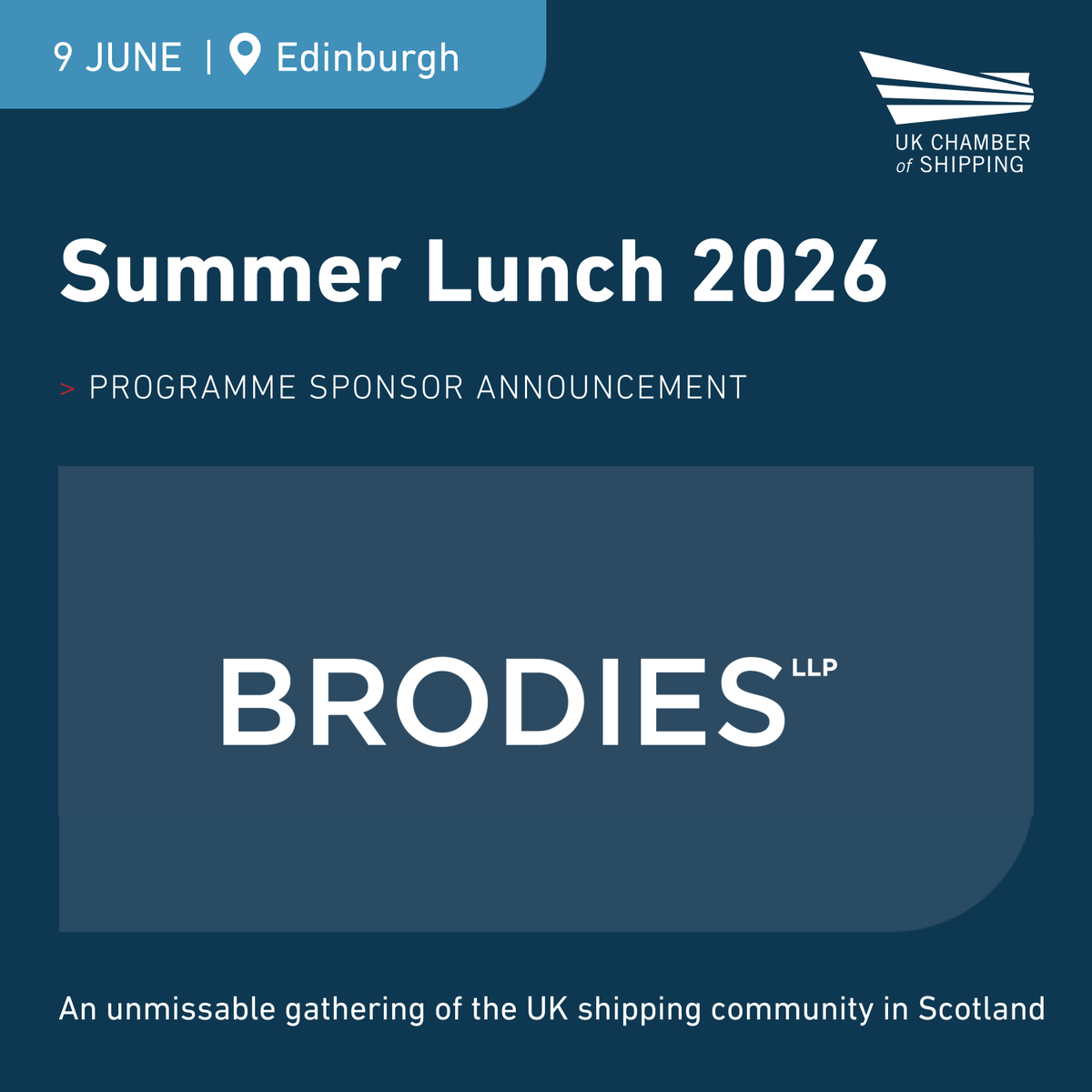ukshipping's tweet photo. The countdown is on until our Summer Lunch. Only 10 places remain, so secure your seat today: https://t.co/uXsswMc0Ol
 
On 9 June, the UK shipping community will come together in Edinburgh for an afternoon of insight, discussion and connection at our 2026 Summer Lunch.

We are delighted to welcome Brodies LLP (@BrodiesLLP) as Programme Sponsor, helping to shape an event focused on what comes next for our industry. Don’t miss your chance to be part of it! 

#UKShipping #Events #Maritime #Scotland