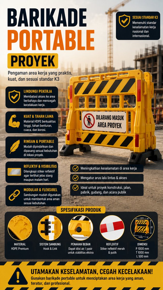Kami_Toi's tweet photo. Area proyek tanpa pembatas yang jelas bisa meningkatkan risiko kecelakaan.

Barikade Portable:
✔ Membatasi area berbahaya
✔ Mengatur lalu lintas area kerja

Menurut kamu gimana?

Baca lengkapnya: https://t.co/7eQztN1Fhu
Eksplor kebutuhan proyek lainnya: https://t.co/Sy6pfjHXre https://t.co/aoQOBEMkZu