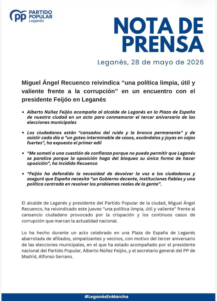 ppleganes's tweet photo. 📑NdP Encuentro @NunezFeijoo y @marecuencopp en #Leganés 

🗣️ @marecuencopp reivindica "una política limpia, útil y valiente frente a la corrupción" en un encuentro con el presidente @NunezFeijoo https://t.co/GHoNMySRjI