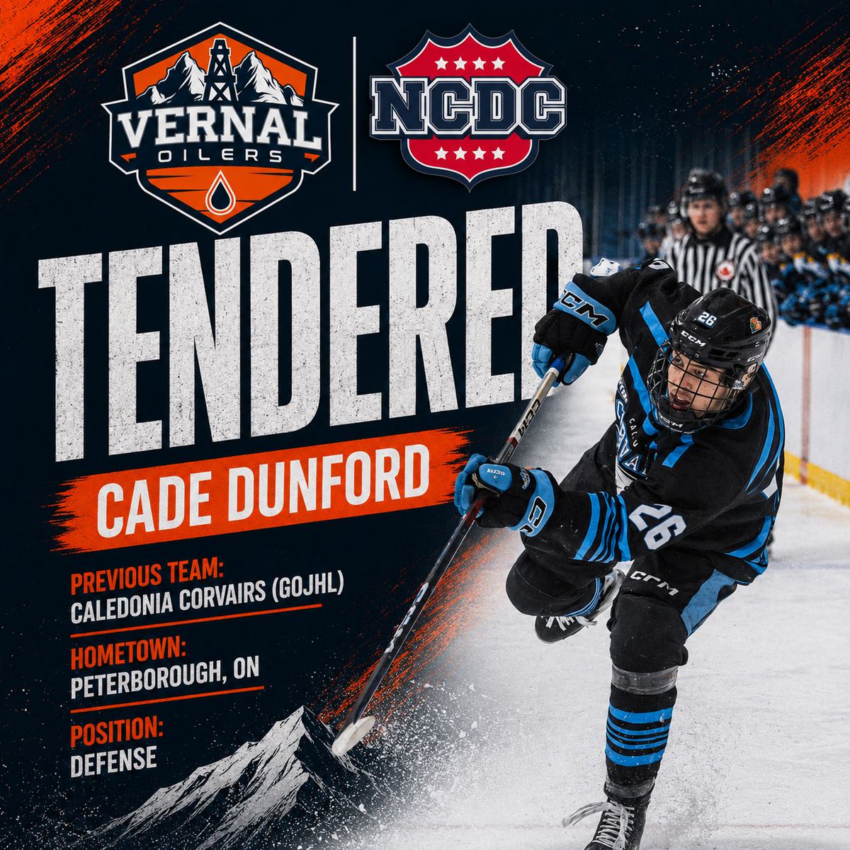 VernalOilers's tweet photo. 🚨 TENDERED 🚨

We are pleased to announce the tender signing of Cade Dunford! 

The 2007 born defender from Peterborough, ON comes to Vernal after recording 3 PTS and 88 PIM in 32 games with the Caledonia Corvairs in the GOJHL games last season.

Welcome to Oil Country, Cade! https://t.co/8ghAKqtzZG