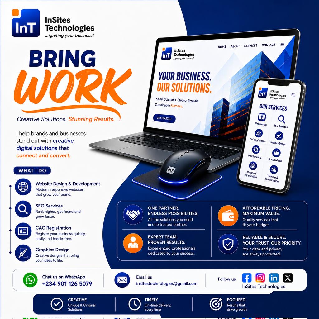 InSites_Tech's tweet photo. Bring your business ideas to life with smart digital solutions that drive growth and visibility. 

From web design to SEO, graphics, and CAC registration, InSites Technologies helps brands stand out, connect, and convert. 

Let’s build something impactful together today. https://t.co/BhG8TONleU