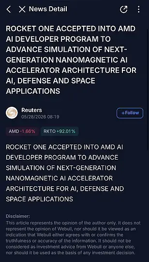 said40923's tweet photo. $RKTO Rocket One has been accepted into AMD's AI Developer Program  The stock price surged 45% in midday trading. https://t.co/IhS1D5uDze