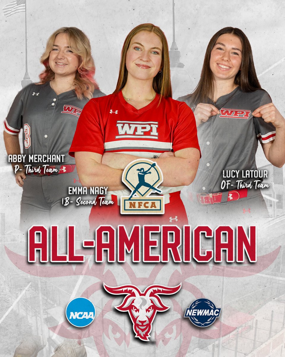 WPIAthletics's tweet photo. 🇺🇸 𝐀𝐥𝐥-𝐀𝐦𝐞𝐫𝐢𝐜𝐚 🇺🇸

@WPISoftball's Emma Nagy, Lucy Latour and Abby Merchant collect @NFCAorg All-America honors 🙌

Read for more⬇️
📰-https://t.co/wxFQ8vHkp2

🥎x🐐
#GoatNation #d3sb https://t.co/HASWs7hI33