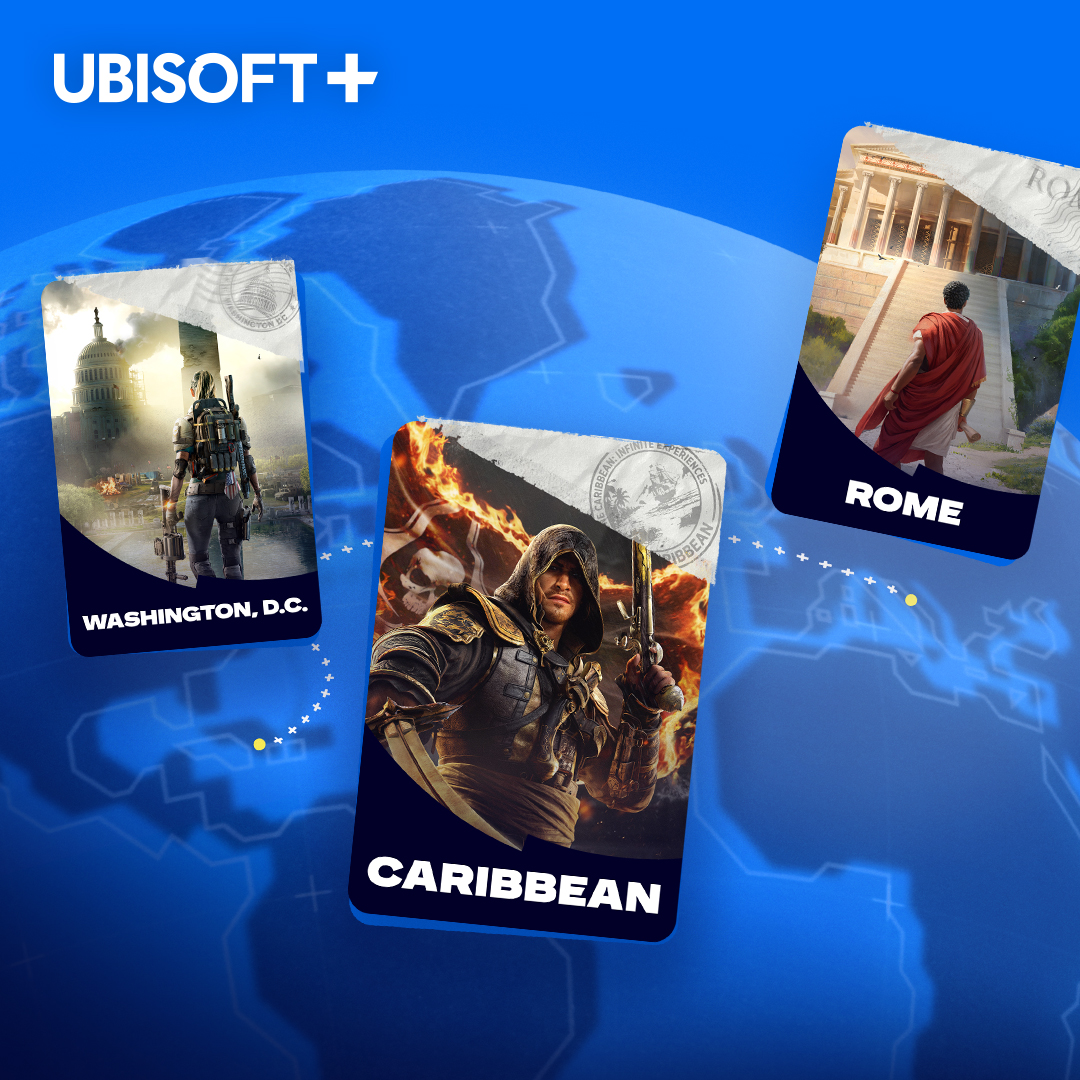 UbisoftItalia's tweet photo. Prepari un viaggio a breve verso i Caraibi o Roma??? Fallo in prima classe con Ubisoft+ Premium, il tuo biglietto all-inclusive per giocare! → https://t.co/DsNLj4u4vk https://t.co/fD1k7n3hc4