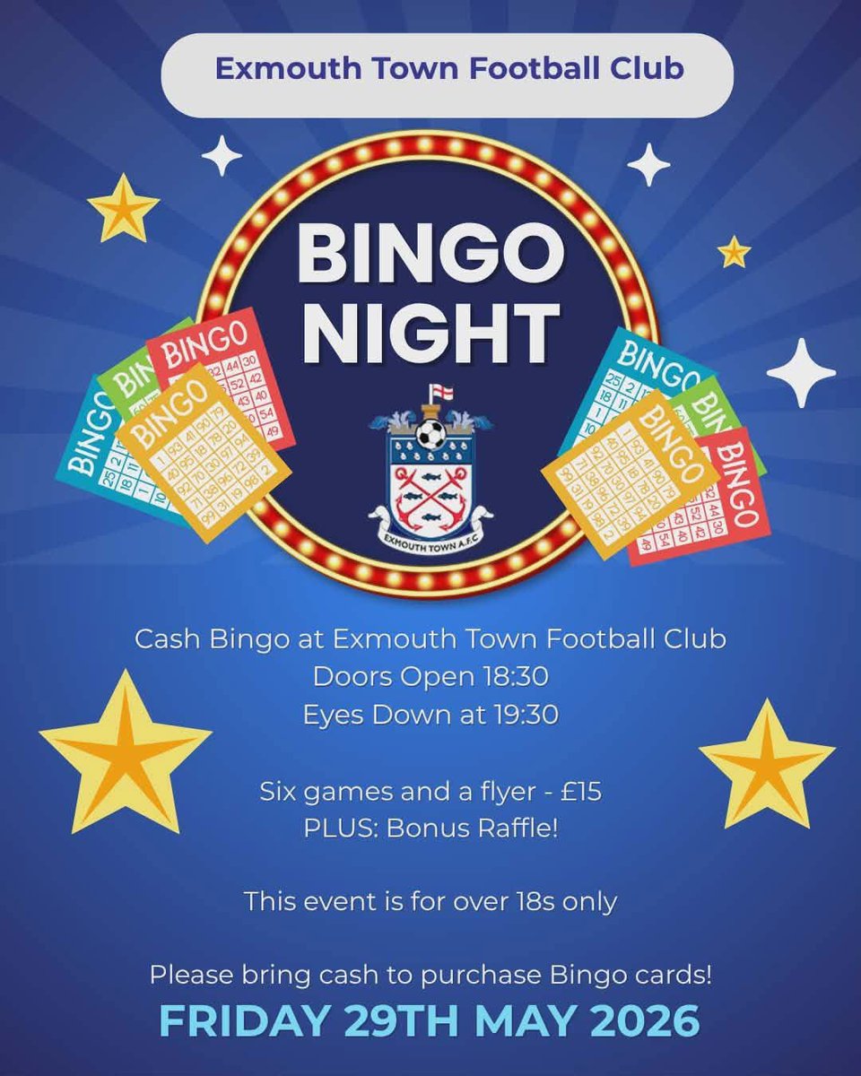 ExmouthTown_FC's tweet photo. 𝗧𝗛𝗜𝗦 𝗙𝗥𝗜𝗗𝗔𝗬 💰

Our popular Cash Bingo returns this Friday!

Six games and a flyer for £15, and a fantastic bonus raffle, it’s the perfect way to start your weekend 🕺🤩

(This event is for over 18s only 🔞)

#UTT | @Search4Local https://t.co/mYSX9c9THl