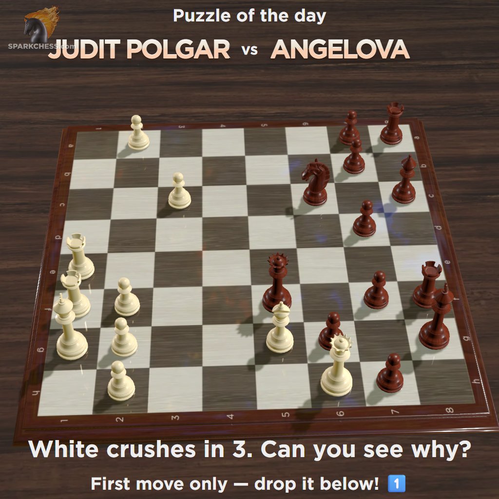 sparkchess's tweet photo. New #chess #puzzle to start your weekend: @GMJuditPolgar  vs Pavlina Angelova. Try to solve the puzzle yourself here: https://t.co/4qzgsXbEtp and write your solution in the comments! https://t.co/vg7XIxkQkA