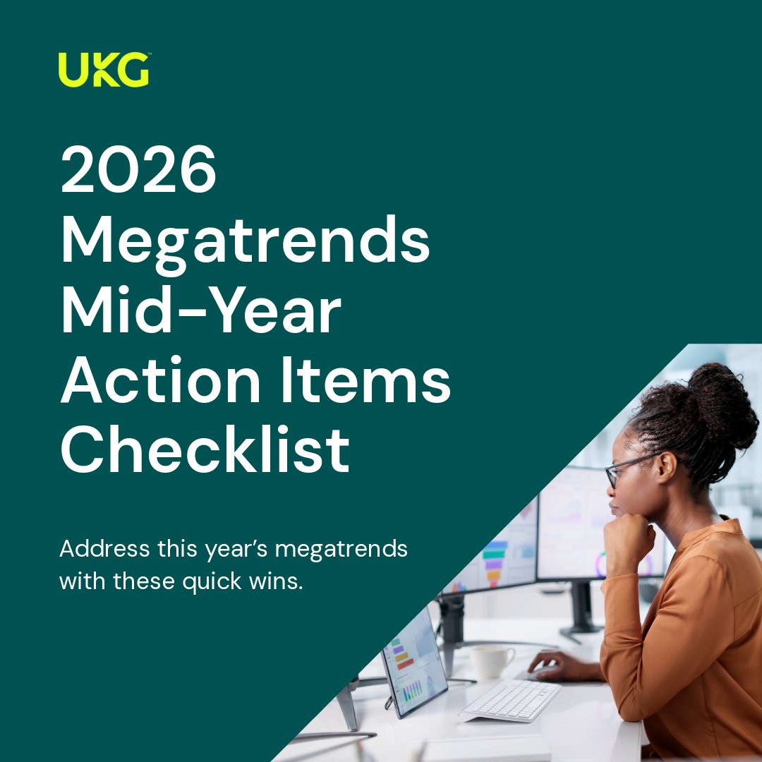 UKGInc's tweet photo. Workforce challenges don’t wait for year-end planning. The most effective organizations are already taking action on the trends shaping the second half of 2026.

From AI adoption and labor optimization to employee retention and operational resilience, our Megatrends Mid-Year Action Items Checklist breaks down practical next steps leaders can take now to stay ahead.

Get the checklist and see how to turn workforce trends into action: https://t.co/VoxZsKSznN

#UKGMegatrends