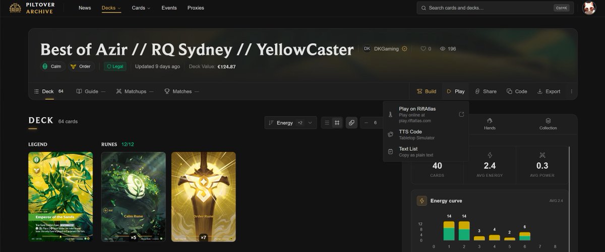 PiltoverArch's tweet photo. The brand new Play button is LIVE! 🚀
Hit "Play" on any deck in Piltover Archive and load straight into @PlayRiftatlas 
No more messing with exports. 

Let us know what else you'd like to see 👀 https://t.co/589OnGs13I