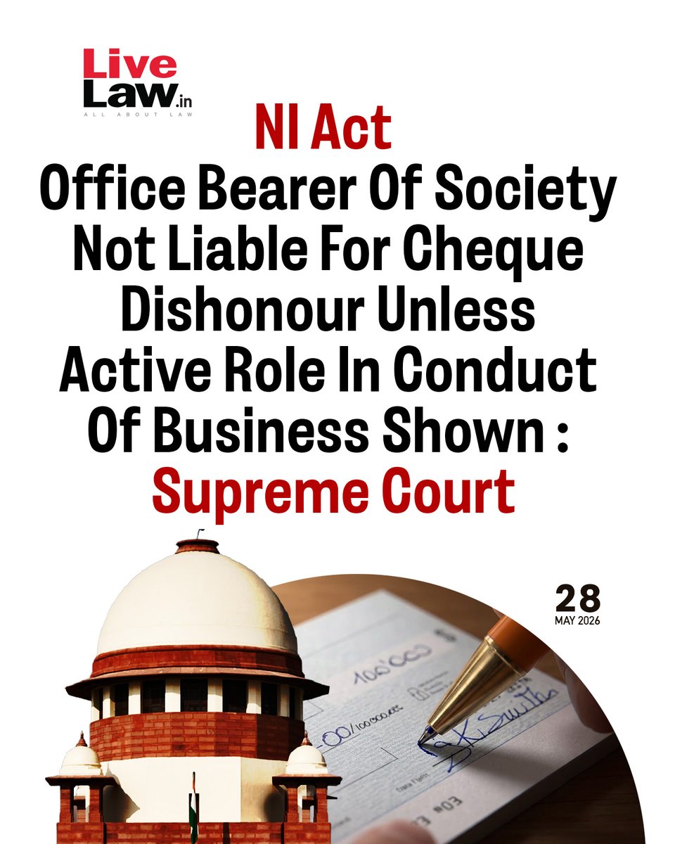 LiveLawIndia's tweet photo. The #SupremeCourt has observed that a mere designation of an individual holding a managerial position in a society would not be sufficient to invoke liability under #Section141 of the Negotiable Instruments Act, 1881.
Read more: https://t.co/N9efksILgd https://t.co/2bdtHtzoe8
