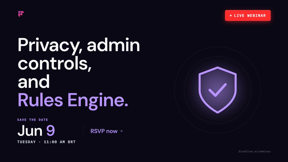 firefliesai's tweet photo. Join us Tuesday, Jun 9 at 2 PM UTC for a live webinar on Privacy, Admin Controls, and Rules Engine. Your Fireflies workspace should be easy to use, but also easy to manage.

We’ll cover privacy settings, user groups, AI credit governance, and admin workflows.

RSVP: https://t.co/F5vX9tyxCp

Drop your questions below 👇