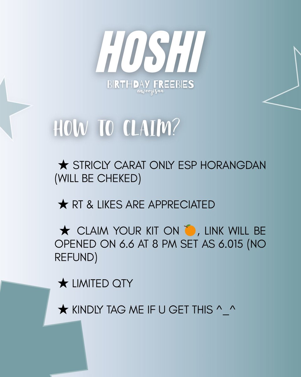 woozisaa's tweet photo. ᯓ★ HOSHI birthday freebies ᯓ★

by @woozisaa

⟢tnc
★for carat only, esp Horangdan
★★online claim by will be shared on 6.6 set as 6.015
★★★limited qty
★★★★kindly tag me if u get this :p https://t.co/Lhm8hSZay1