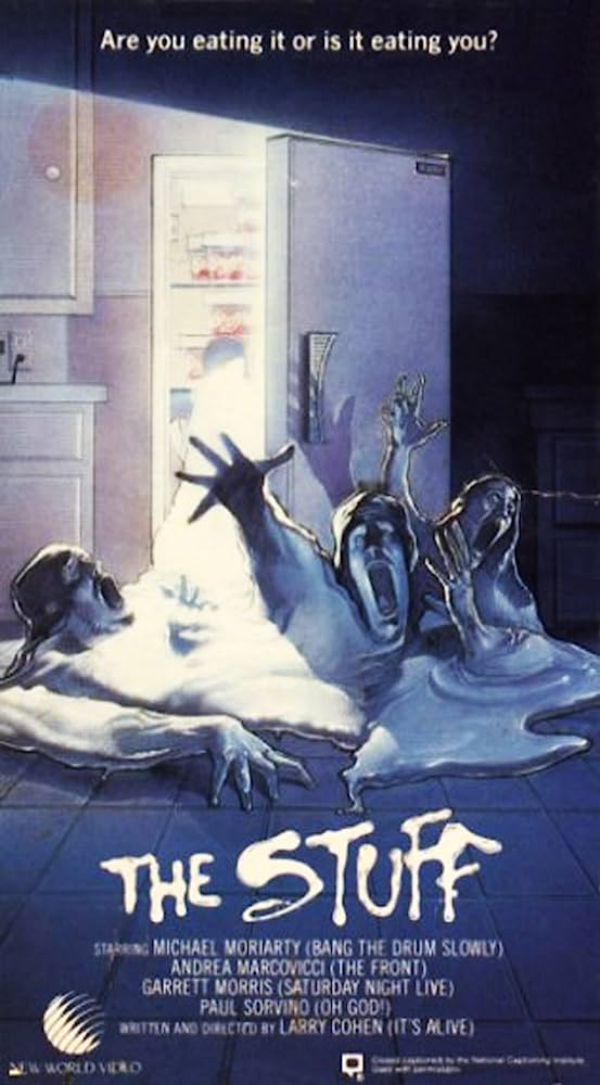 MikalJoseph1980's tweet photo. Assuming you’re old enough to have experienced VHS/rental stores (as a kid I worked at my uncle's store), post four of the most memorable horror VHS box art covers from your youth. I now own the original one-sheet for all four and had the video poster for THE STUFF as a teenager. https://t.co/ApmyBIBBle