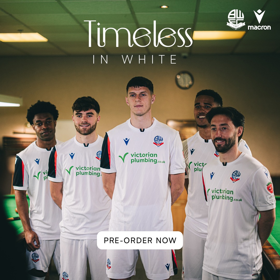 OfficialBWFC's tweet photo. ⚪️ Timeless In White ⚪️

Your 2026/27 Bolton Wanderers home kit has arrived. 

White from collar to sock. A clean, confident shirt for a Wanderers side walking back into the Championship with our heads held high. ✊

Find out more 👇

#bwfc