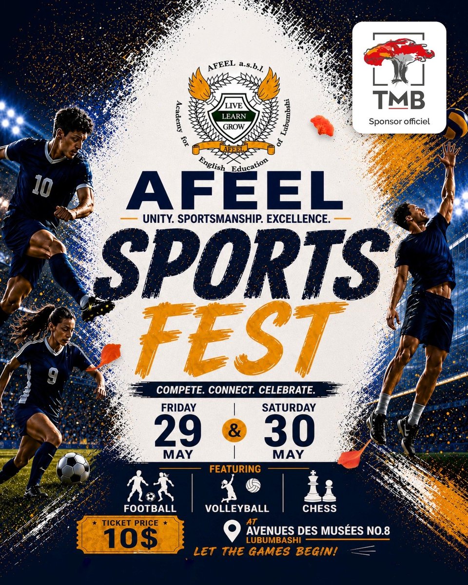TMB_CD's tweet photo. La #TMB accompagne AFEEL International School de #Lubumbashi pour son événement sportif interscolaire annuel les 29 et 30 mai 2026.

Deux journées dédiées au sport, à l’esprit d’équipe et au dépassement de soi pour les jeunes talents.

#SportScolaire #Jeunesse #RDC #Congo https://t.co/VqD5Kih1Oa
