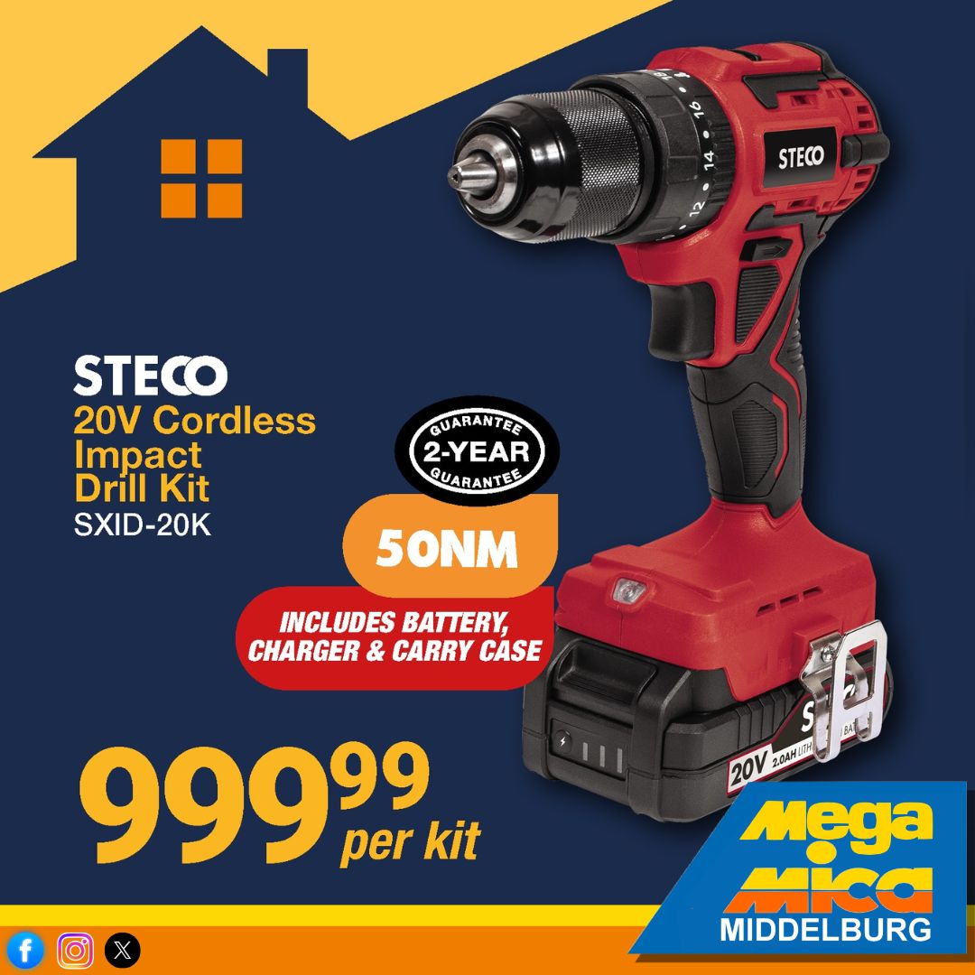 MIDMiCA's tweet photo. Get the STECO 20V Cordless Impact Drill Kit for just R999.99 per kit — complete with battery, charger &amp; carry case.
🗓️ 19 – 31 May 2026
👉 Click the link to view the full promotional leaflet: https://t.co/NafPb3bBxX &amp; https://t.co/7BuFDeqs4m https://t.co/qJkqh1riCk