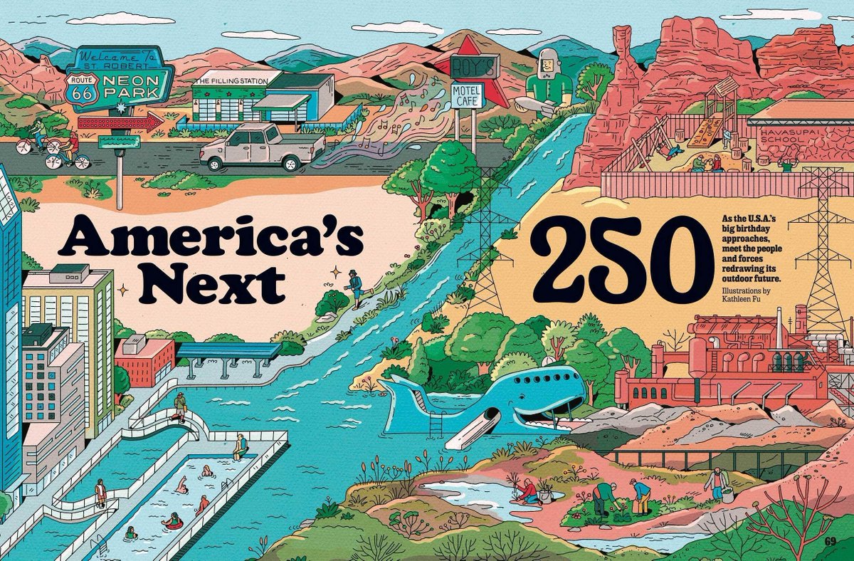 RappArt's tweet photo. What will the great outdoors be like in 250 years? 

Kathleen Fu @urbsvidi illustrated this spread for Outside Magazine's Summer issue: America's Next 250. As the USA's big birthday approaches, meet the people and forces redrawing its outdoor future. https://t.co/7fAujLBtKq