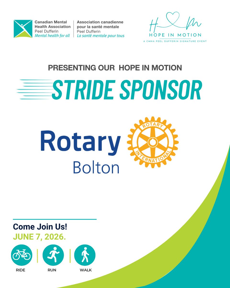 CMHAPeelDuff's tweet photo. 💚 Sponsor Spotlight: We’re proud to recognize Bolton Rotary as a Hope in Motion 2026 Stride Sponsor! 

Join us on June 7, 2026 as we ride, run, and walk together for mental health.
🔗 Register: https://t.co/MGoUpgbIBh https://t.co/xWUBJ4qnhI