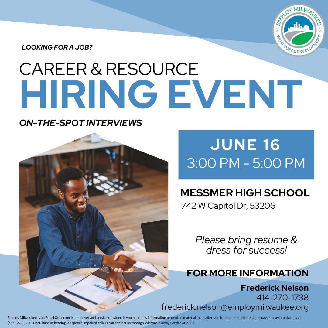 EmployMilwaukee's tweet photo. Looking for a new career? Join us June 16 for our next Career &amp; Resource Hiring Event! Register here: 🔗https://t.co/vpXBmphzDZ
#hiringevent #milwaukee #interviews #jobs #employmilwaukee https://t.co/9OQO52DMdU