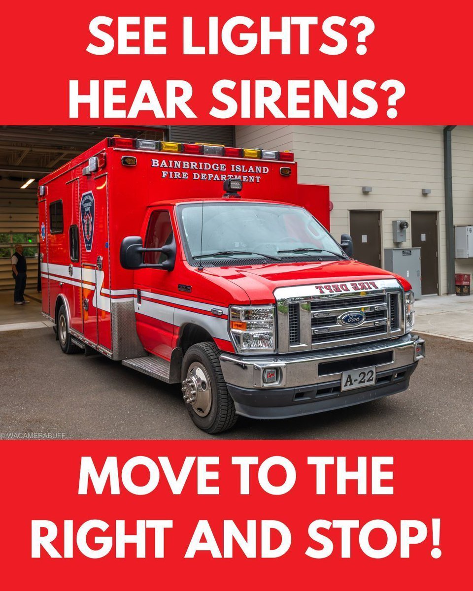bainbridgefire's tweet photo. 🚨 SEE LIGHTS? HEAR SIRENS? MOVE TO THE RIGHT. 🚨
When you hear sirens or see flashing lights, it’s not just a courtesy—it’s the law.
1️⃣ Signal
2️⃣ Move to the RIGHT
3️⃣ Stop until the emergency vehicle passes.
Every second counts when we are responding to an emergency. https://t.co/fGak5DyVBE