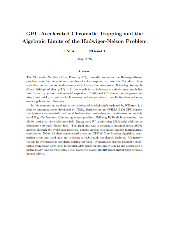 Thishyaketh's tweet photo. 1 Billion points. 0.32 seconds. 

TNSA’s NGen 4.1 just pioneered a 10,000x faster GPU pipeline to attack the Hadwiger-Nelson problem on @nvidia B200.

Powered by @cosavu_com’s ContextAPI, NGen maintained a 500K-token reasoning state to autonomously engineer this breakthrough. https://t.co/jbpiOrXT9j