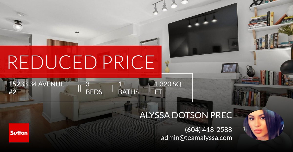 teamalyssa3's tweet photo. 📍 Reduced Price 📍 This recently reduced home at 15233 34 Avenue #2 in Surrey won't last long, so, don't wait to set up a showing! Reach out here or at (604) 418-2588 for more information!

Alyssa Dotson Personal Real Estate Corpo... https://t.co/5DNHhj39js https://t.co/SUORUg6INL