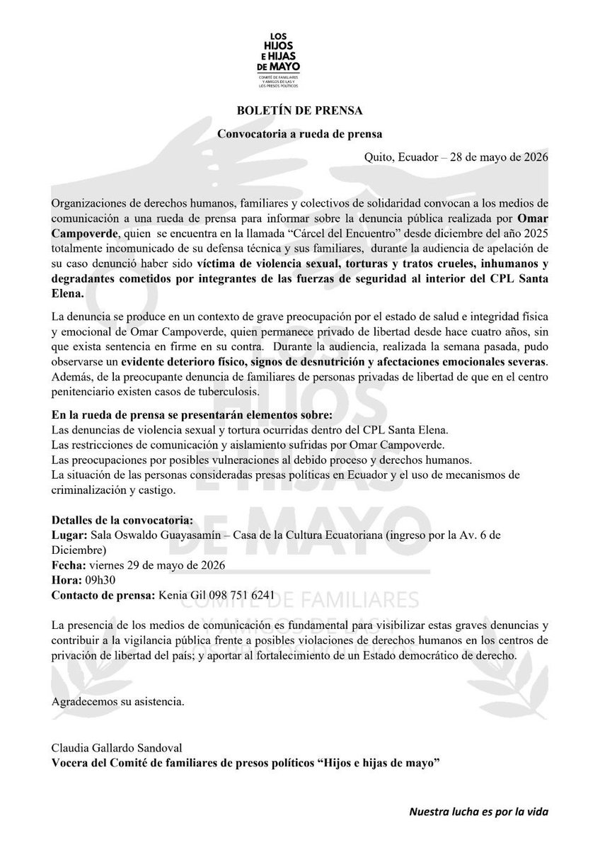 sybelmartinez's tweet photo. 🚨‼️ Mañana, 29 de mayo 2026, a las 9h30, en la Sala Oswaldo Guayasamin de la Casa de La Cultura Ecuatoriana, se llevará a cabo una rueda de prensa para denunciar las graves violaciones de derechos que vive Omar Campoverde, preso político, en la cárcel El Encuentro. https://t.co/YoMDeFaVTJ