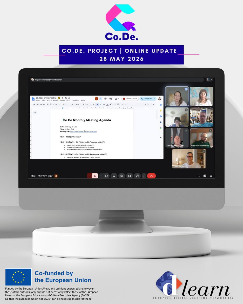 dlearneu's tweet photo. Today, 28 May 2026, the CO-DE project consortium gathered for an online meeting to align on the ongoing piloting activities and upcoming phases across partner countries 

#CODEProject #ErasmusPlus #EducationInnovation #CoDesign #TeachersTraining #DigitalEducation https://t.co/QmDG0aoIaS