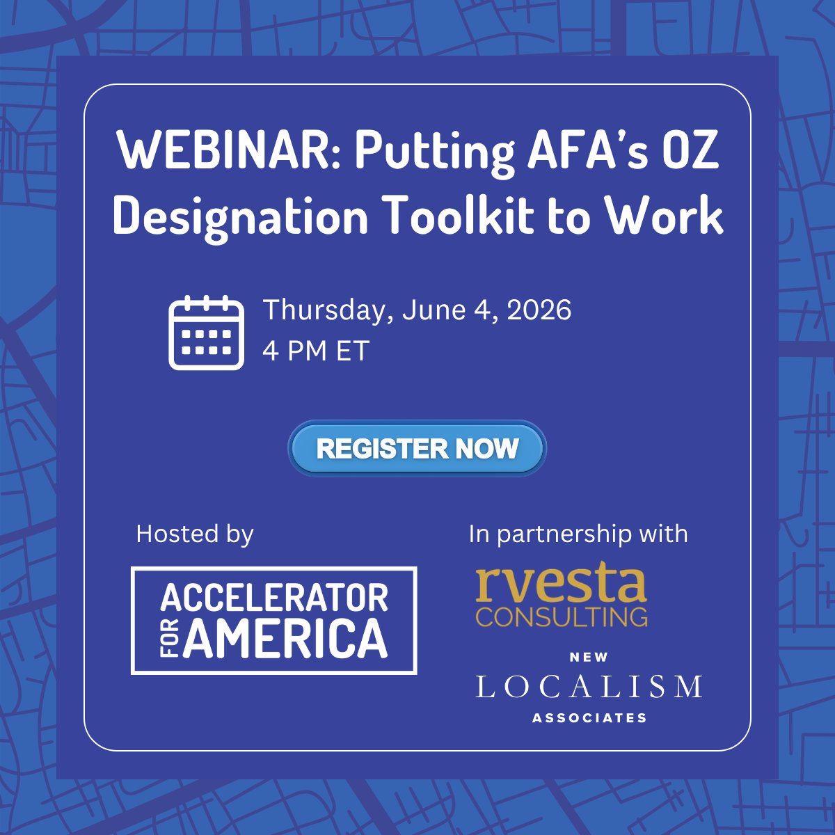 USAccelerate's tweet photo. 📢 Webinar Alert
Finalizing your OZ 2.0 tract recommendations? AFA’s June 4 webinar walks through the Designation Toolkit + answers your questions. 
🕓 4pm ET 
🔗 Register: https://t.co/8BnwynQuLf https://t.co/8mgux5cgoF