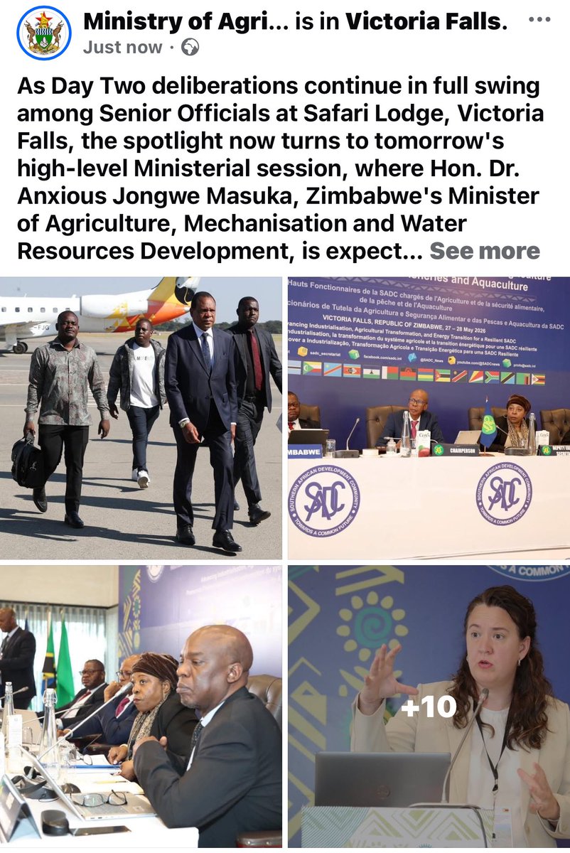 MoLAFWRD_Zim's tweet photo. As Day Two deliberations continue in full swing among Senior Officials at Safari Lodge, Victoria Falls, the spotlight now turns to tomorrow's high-level Ministerial session, where Hon. Dr. Anxious Jongwe Masuka, Zimbabwe's Minister of Agriculture, Mechanisation and Water Resources Development, is expected to officially open the SADC Joint Meeting of Ministers Responsible for Agriculture, Food Security, Fisheries and Aquaculture in his capacity as representative of the host nation. 

The Ministers' meeting, to be chaired by South Africa's Hon. Mr. John Henry Steenhuisen in his role as Chairperson of the Joint Committee, will take forward the outcomes of this week's Senior Officials' discussions, tackling critical regional issues including food and nutrition security, climate resilience, Foot and Mouth Disease response, and the advancement of the blue economy across the 16 SADC Member States.

#FoodSecurity #NutritionSecurity #BlueEconomy #AgricultureForAll #ClimateResilience #FoodSystems #Aquaculture #Fisheries #SADC #SADCMinisters