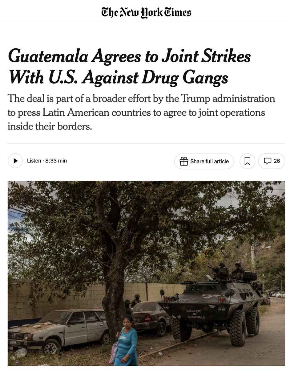 DropSiteNews's tweet photo. ⭕️ Guatemala agrees to joint US military strikes inside its territory as Trump administration expands Latin American military campaign

Guatemala has agreed to allow joint US airstrikes and military operations inside its borders targeting alleged drug trafficking groups, according to three people familiar with the talks cited by the New York Times. President Bernardo Arévalo agreed to the deal in a call with Defense Secretary Pete Hegseth last week, with operations set to begin as early as next month.

Guatemala becomes the second country after Ecuador to accept such an arrangement. Honduras is next on the Pentagon's list, according to two people familiar with the plans. This forms part of a broader strategy, advocated by Stephen Miller and Pentagon policy official Joseph Humire, to normalize US military presence across Latin America as leverage to pressure Mexico into accepting joint counterdrug operations. President Claudia Sheinbaum of Mexico has so far firmly rejected those requests.

Experts say the boat strikes may be illegal and carry legal risks for the Pentagon. An expansion of that effort inside Latin American countries may come with even more legal risk, people familiar with the effort said.

In March, a joint US-Ecuador strike hit a civilian cattle and dairy farm, not the drug trafficking compound Hegseth boasted about destroying. Since September, 59 US boat strikes in the Caribbean and eastern Pacific have killed at least 196 people, with the Trump administration providing little evidence the targets were drug smugglers.
