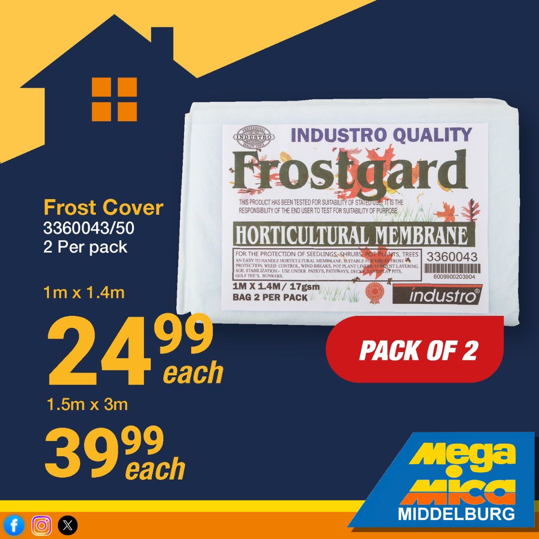 MIDMiCA's tweet photo. Protect your plants this winter with Mica’s 
Grab your Frost Cover (Pack of 2) from just:
- R24.99 each (1m x 1.4m)
- R39.99 each (1.5m x 3m)
🗓️ 19 – 31 May 2026
👉 Click the link to view the full promotional leaflet: https://t.co/NafPb3bBxX &amp; https://t.co/7BuFDeqs4m https://t.co/UNzwNRzcJq