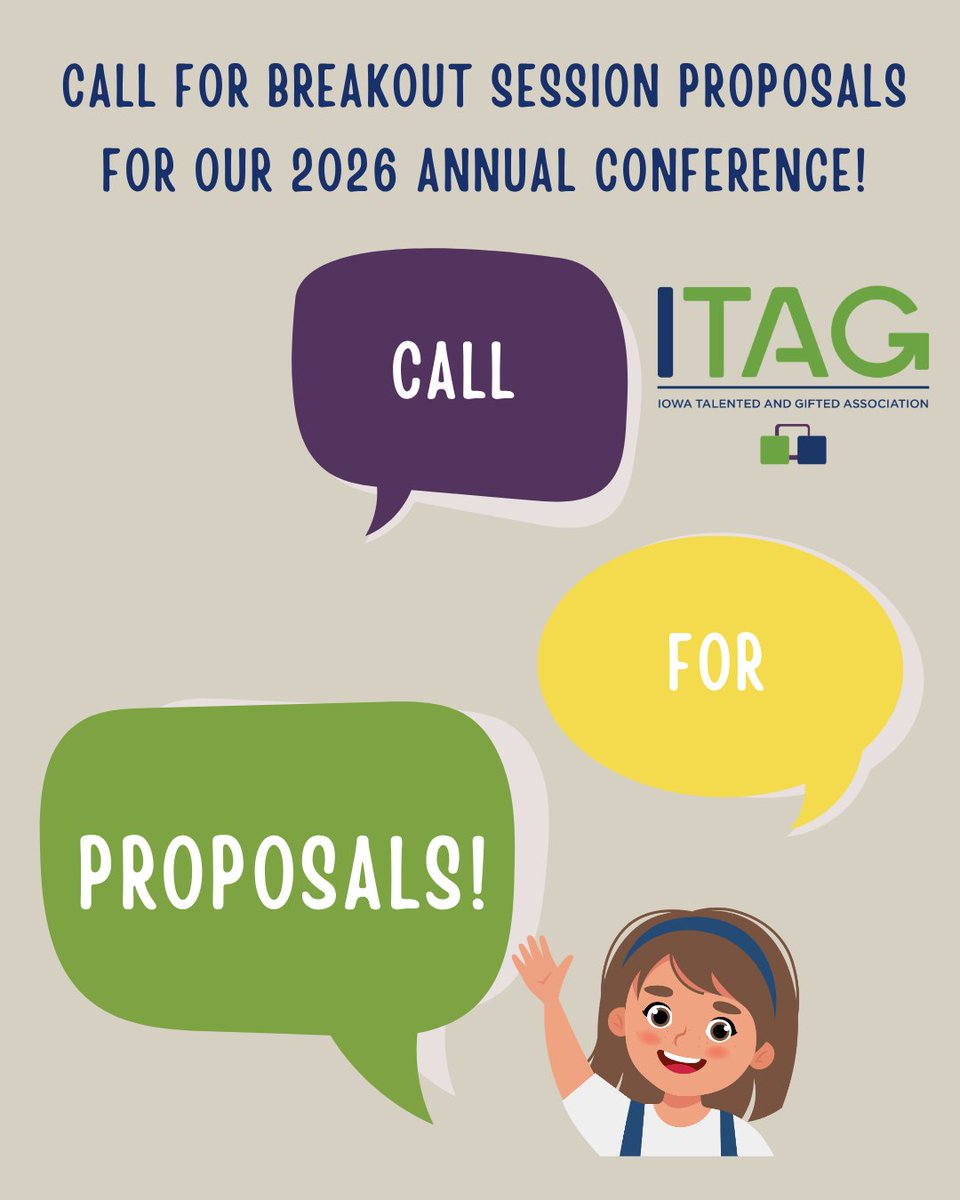 IowaGifted's tweet photo. ITAG invites presentation proposals for our 2026 Annual Conference scheduled for Oct 26-27 at the Sheraton West Des Moines! Breakout sessions should reflect the theme “Firmly Planted, Always Growing." Due Friday, June 22nd. Submit here: https://t.co/zVJXp5Eu26
#2026ITAGAnnualConf https://t.co/aLmJNVi7Je