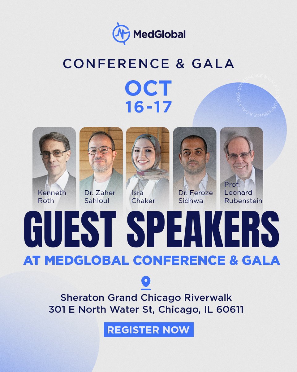 MedGlobalOrg's tweet photo. The world is changing. Humanitarianism must change with it.

Join MedGlobal in Chicago on October 16–17 for two transformative days bringing together leaders in medicine, human rights, innovation, and global health.

This is not your typical global health conference. You won’t sit through disconnected presentations or statistics without meaning.

This is a field-oriented conference shaped by frontline doctors, nurses, humanitarian leaders, innovators, and advocates working across today’s most urgent crises.

Featured speakers include:
• @KenRoth  — Former Executive Director, Human Rights Watch | Attorney & Author
• Dr. Zaher @sahloul — President & Co-Founder, MedGlobal
• @IsraSpeaks Isra Chaker — CEO, @EveryPregnancy 
• Dr. @FerozeSidhwa  — Trauma, Critical Care & General Surgeon
• Prof. Leonard Rubenstein — Professor,  @JohnsHopkins  Hopkins University | Human Rights Lawyer

 Collaboration for Good, starts here.

📍 Sheraton Grand Chicago Riverwalk
📅 October 16–17, 2026

Register today. Attend the gala. Be part of the change: https://t.co/OmseYtA15j