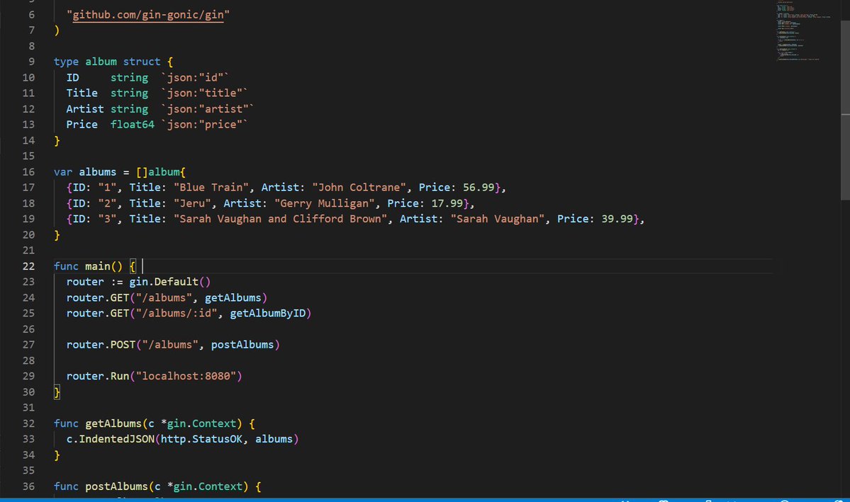 vexstack's tweet photo. Just built my first RESTful API using Go + Gin by following the official Go docs 

Implemented:
• GET /albums
• GET /albums/
• POST /albums

Reference : https://t.co/tl1OcMDqBR https://t.co/T2Dj3rI2Wx