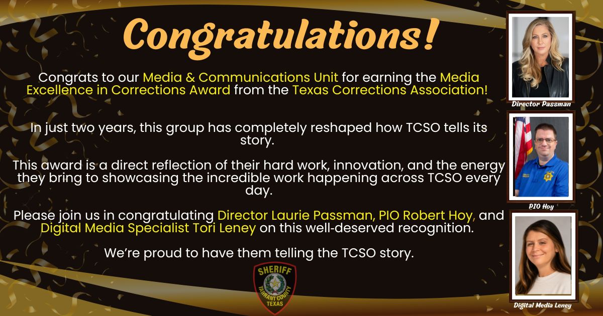tarrantcountyso's tweet photo. When your media team is this good… awards tend to follow. 😉 

Congrats to @laurieTVnews, @RobbieHoy and Tori Leney bringing home the Media Excellence in Corrections Award! https://t.co/UIKMR8DlNA