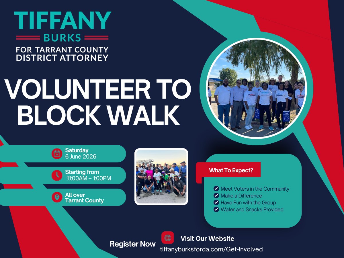 TiffanyForDA's tweet photo. At the heart of this campaign is community because We Are Tarrant &amp; Tarrant needs neighbors who show up.
For more information go to https://t.co/vOvgeGJwFN. Our next walk is Saturday, June 6 at 11am.
#JusticeWithAHeartbeat
#TiffanyBurksForDA
#fortworth #arlingtontx #grandprairie https://t.co/JLub8fsWVY