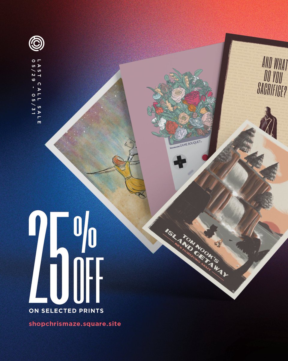 MAZEhimself's tweet photo. 🚨 LAST CALL SALE! 🚨
Select 5x7 prints will also be archived after this sale. These include prints inspired by Andor, The Last of Us, Animal Crossing, and more.

Get them at a discounted price this Friday, 05/29 at 9a PST.

Visit https://t.co/5HDh7whlPw and bookmark it. https://t.co/lgSNzHuB8G