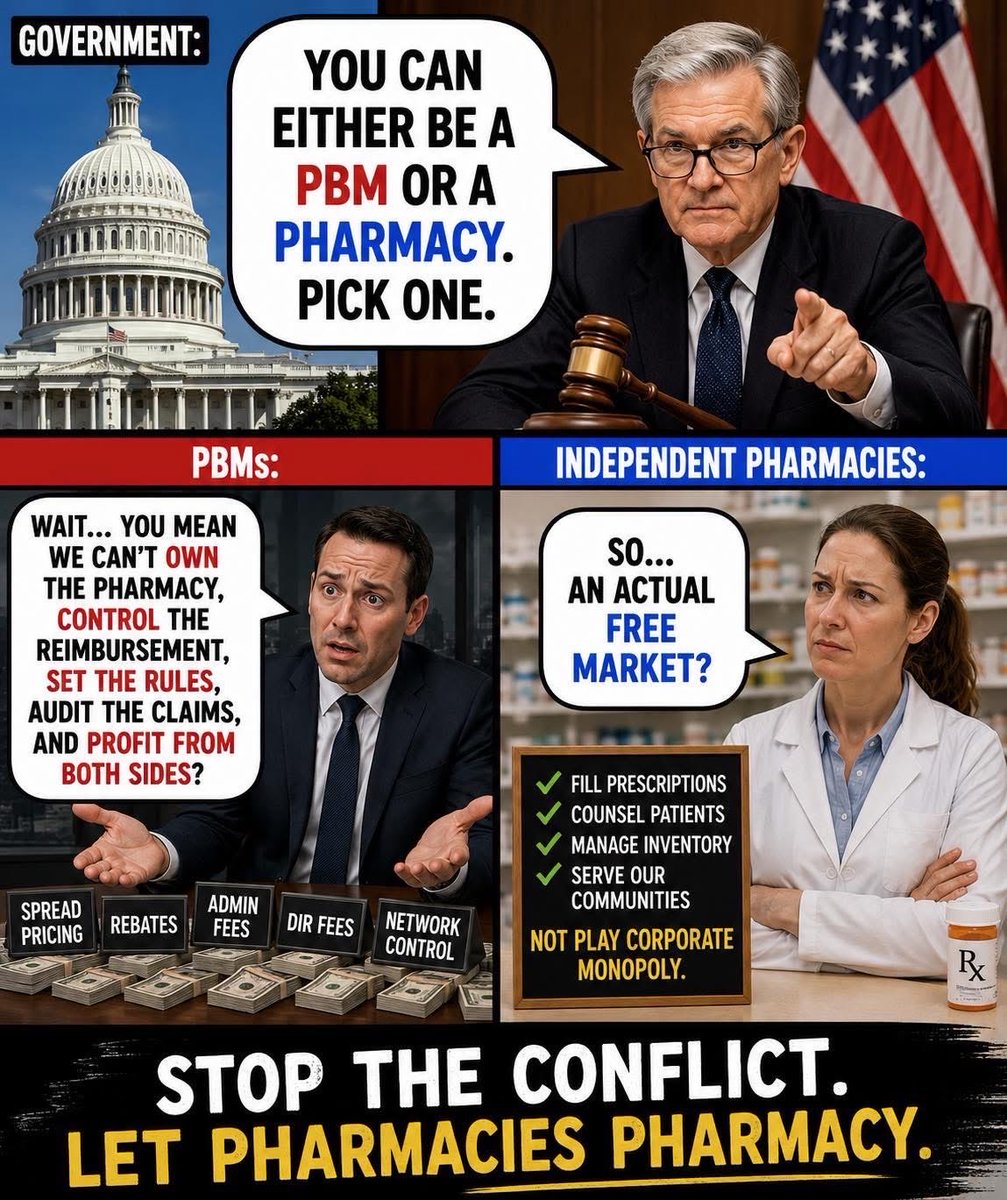 InsOligopoly's tweet photo. 3 PBMs have 80% of pharmacy business 
Same 3 run mail order and specialty 
Same 3 owned by healthcare conglomerate 

Result:
They control competitor access to insurance networks 
Offer competitors take or leave contracts 
They pay competitors below cost, below what they pay themselves 
They charge back, clawback fees and audit competitors 
They use competitor dispense data to market their mail order 
They bill payers 10X, 100X, 1000X what they pay competitors