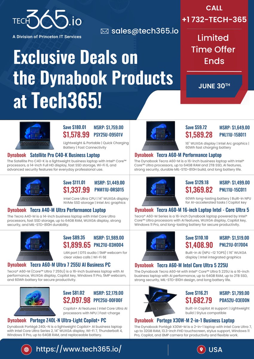 Tech365I's tweet photo. ⚡ Power your productivity with exclusive Dynabook laptop deals at Tech365! Lightweight, AI-ready &amp; business-focused devices available now.

📞 +1 732-TECH-365
📧 sales@tech365.io
🌐 https://t.co/VePI45xf6e

#Dynabook #BusinessLaptop #TechDeals https://t.co/hCx5LZeM6a