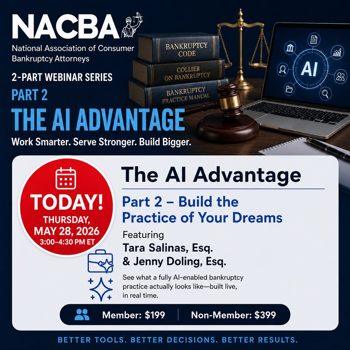 NACBAorg's tweet photo. 🚨 HAPPENING TODAY 🚨

Join NACBA this afternoon for Part 2 of our webinar series: *The AI Advantage: Build the Practice of Your Dreams*

📅 Today — Thursday, May 28, 2026
🕒 3:00–4:30 PM ET

REGISTER: https://t.co/ZbW6Q0EVZK 

#NACBA #BankruptcyLaw #ConsumerBankruptcy #AI https://t.co/dud9qbx5Uf