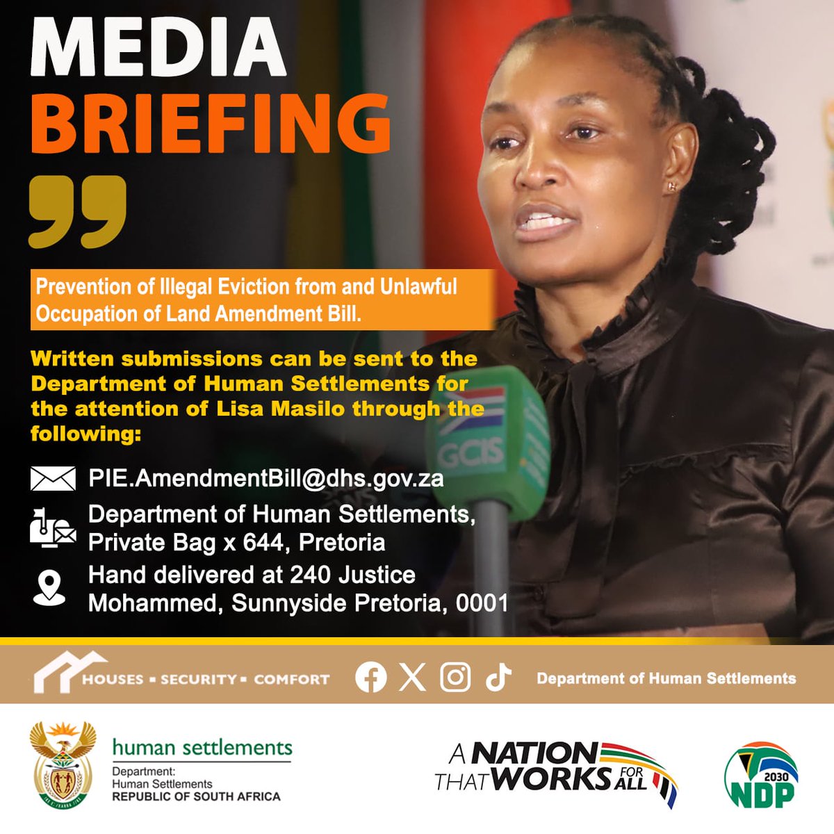 GovernmentZA's tweet photo. #PIEBill 🔖 | Government gazettes bill to strengthen response to illegal land occupations 

The Prevention of Illegal Eviction from and Unlawful Occupation of Land Amendment Bill has been released for public comment. 

The Department of Human Settlements has allocated 60 days for public submissions, with comments expected by mid-June 2026.

📌 Read more: https://t.co/I3gQEbQkpD

📧 Submit comments: PIE.AmendmentBill@dhs.gov.za

#HousingTheNation #GovZAUpdates