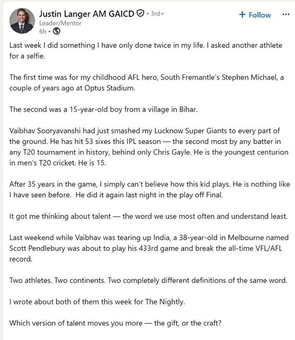 IndianSport5's tweet photo. 🚨 Justin Langer का Vaibhav Suryavanshi के लिए खास पोस्ट” ❤️
#VaibhavSuryavanshi #JustinLanger #Cricket #IPL #IndianCrecket #VaibhavMagic #VaibhavStorm #YoungGun #CricketFever #NextBigThing #IPLStar #IndianTalent #BattingBeast #CricketUpdates #StarInMaking https://t.co/visQfYP89u