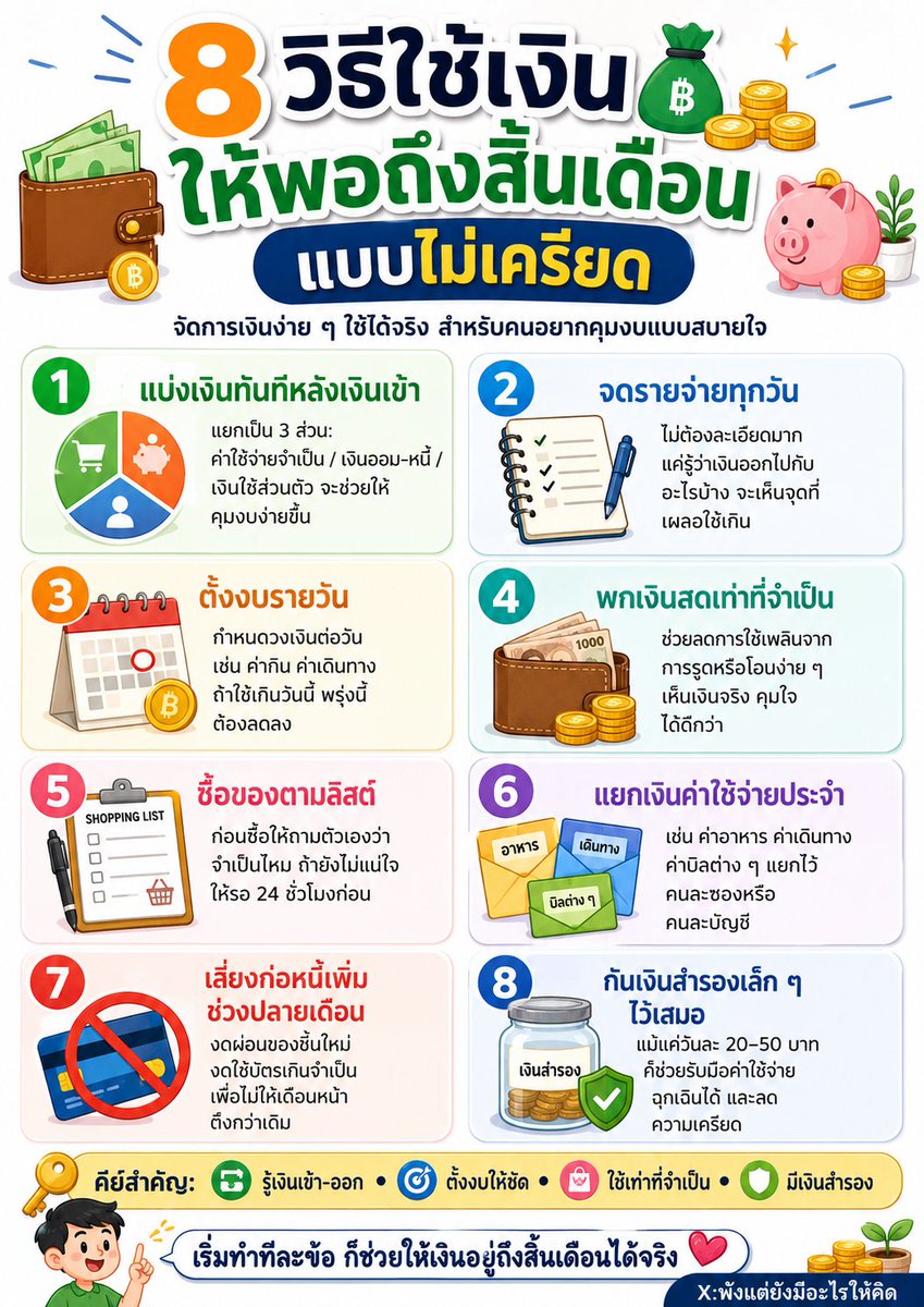NO1CAPTION's tweet photo. เงินเดือนออกไว…แต่ทำไมหมดไวกว่า 😅
ลองใช้ 8 วิธีนี้ ค่อย ๆ ปรับทีละข้อ ไม่ต้องกดดันตัวเอง แค่รู้ว่าเงินเข้า-ออกไปไหน ก็ช่วยให้ใช้เงินพอถึงสิ้นเดือนได้แบบไม่เครียดขึ้นแล้ว

เริ่มจากวันนี้เลย
✅ แบ่งเงินทันที
✅ ตั้งงบรายวัน
✅ ซื้อเท่าที่จำเป็น
✅ กันเงินสำรองเล็ก ๆ ไว้เสมอ

#ใช้เงินให้พอถึงสิ้นเดือน #บริหารเงิน #เก็บเงิน #วางแผนการเงิน #ชีวิตไม่เครียด #พังแต่ยังมีอะไรให้คิด