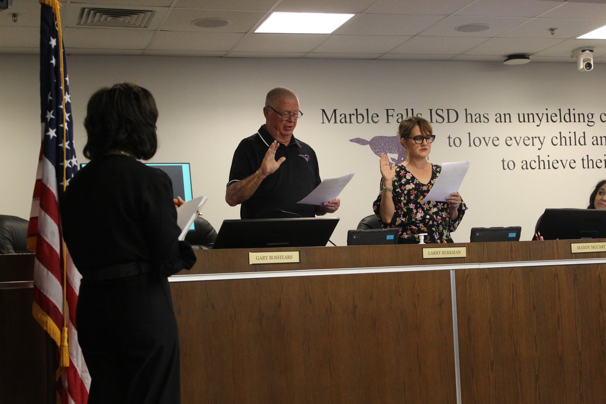 MarbleFallsISD's tweet photo. Trustees Return for Another Term

Marble Falls ISD Board members Larry Berkman &amp; Mandy McCary were sworn in to another term as trustee after both were unopposed in their reelection bids this spring.
We thank Mr. Berkman &amp; Mrs. McCary for their continued service to our district! https://t.co/Wpccd7mtOo
