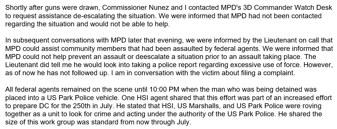 AlexKomaDC's tweet photo. Here's a note the area's ANC commissioners wrote to MPD on this.

It underlines a key point: MPD wasn't on scene at all. Chief Carroll has repeatedly told the council he wants to continue collaborating with the task force so stuff like this doesn't happen...but it already is. https://t.co/WbKvBD0I3G