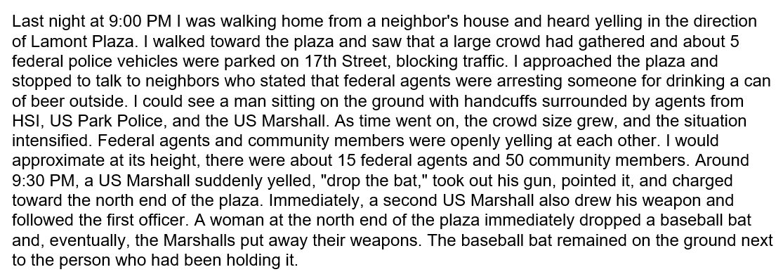 AlexKomaDC's tweet photo. Here's a note the area's ANC commissioners wrote to MPD on this.

It underlines a key point: MPD wasn't on scene at all. Chief Carroll has repeatedly told the council he wants to continue collaborating with the task force so stuff like this doesn't happen...but it already is. https://t.co/WbKvBD0I3G