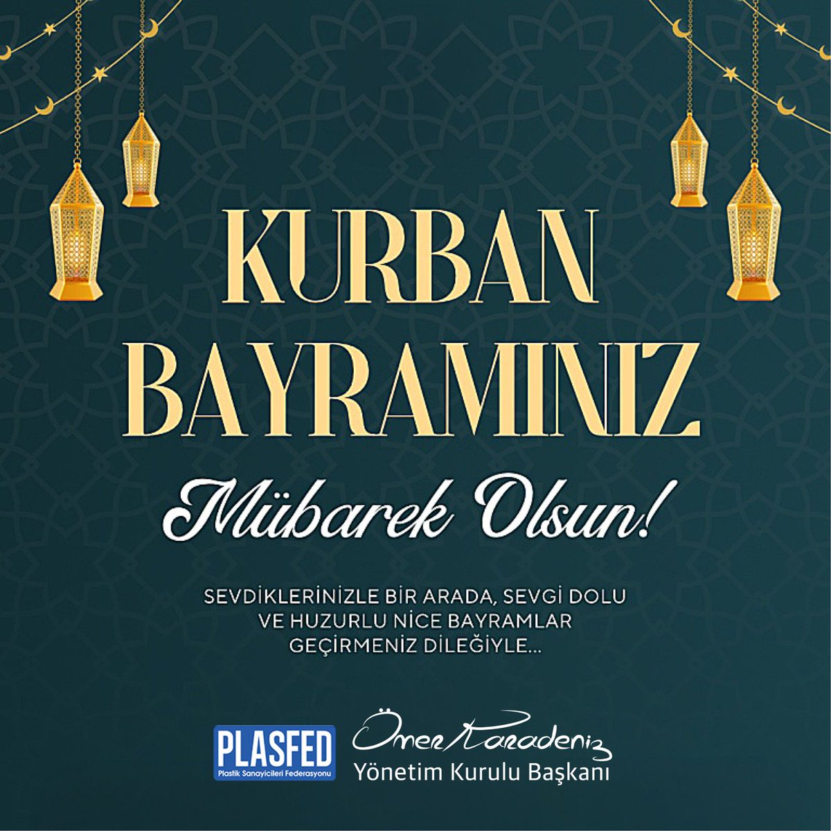 plasfed's tweet photo. Paylaşmanın, dayanışmanın ve bereketin simgesi olan Kurban Bayramı’nın; ülkemize, milletimize ve tüm İslam alemine sağlık, huzur ve mutluluk getirmesini diliyoruz. Sanayicilerimizin, paydaşlarımızın ve vatandaşlarımızın Kurban Bayramı’nı kutluyoruz.  
PLASFED YKB Ömer Karadeniz https://t.co/aLQOm2DjfF