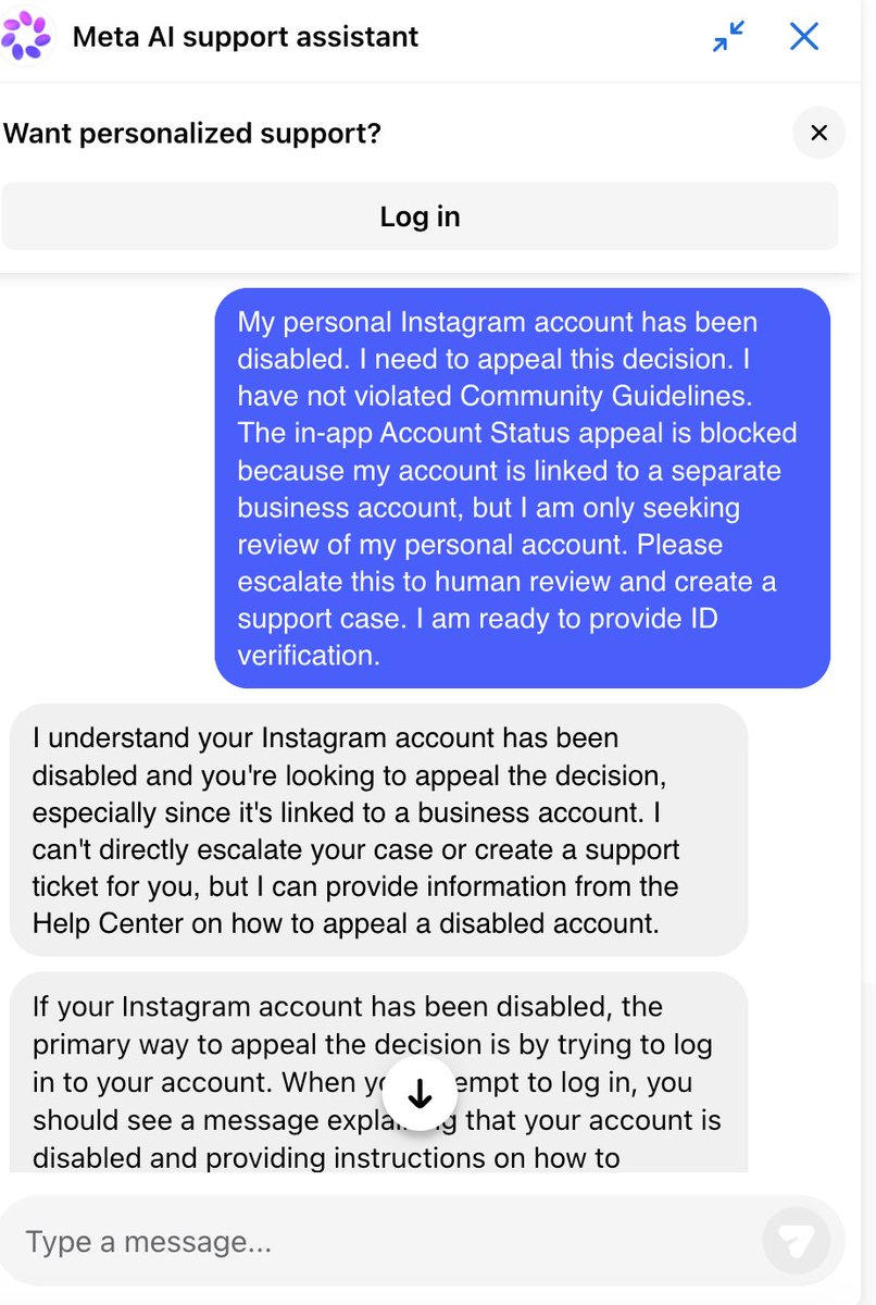 Ronin_stern's tweet photo. The web form at https://t.co/pQbuCsCfee redirects to a generic Help Center. The in-app "Disagree" button is locked. The Meta AI chatbot literally said "I cannot provide an email for direct appeal" and "Help Center articles don't address this scenario." https://t.co/grM9tNvUYK