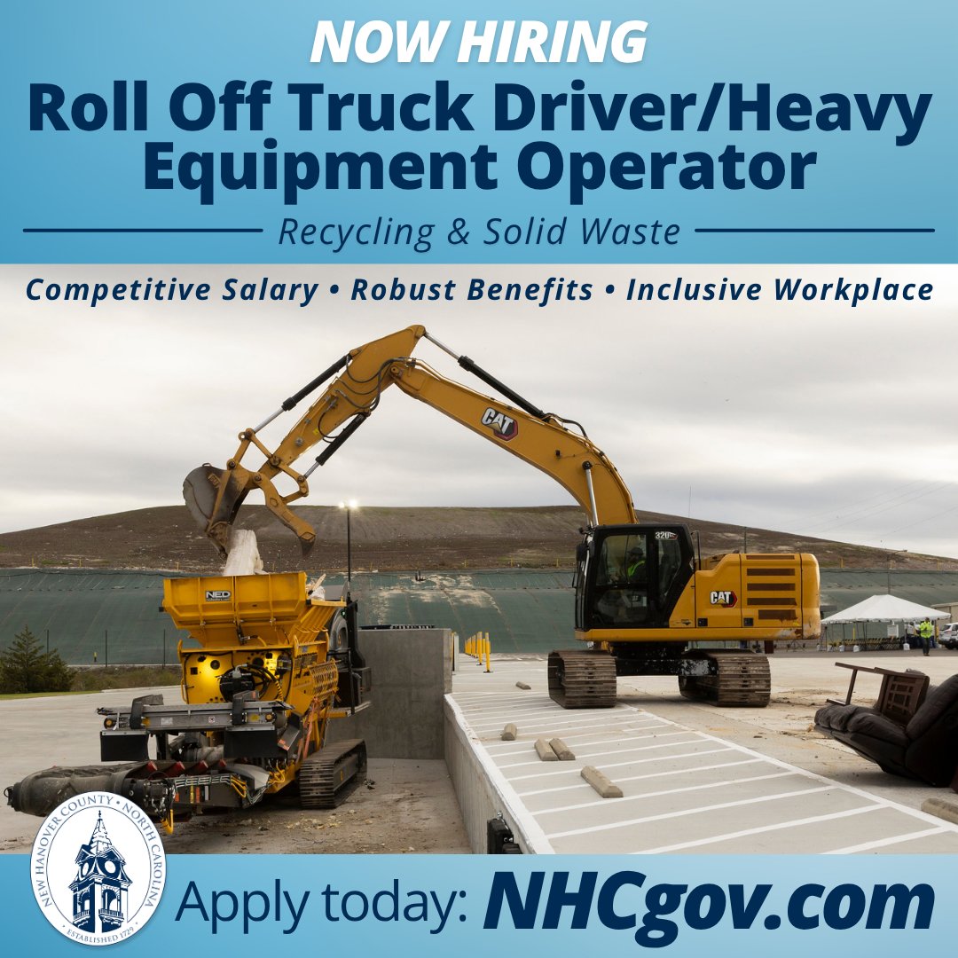 NewHanoverCo's tweet photo. #NHCgov Recycling &amp; Solid Waste is searching for a Roll Off Truck Driver/Heavy Equipment Operator to perform duties like:
- Performing site maintenance and repairs
- Sort and transport materials across sites
Learn more about this role and apply today: https://t.co/0pTgHlDh7h https://t.co/ztH37ffXtj